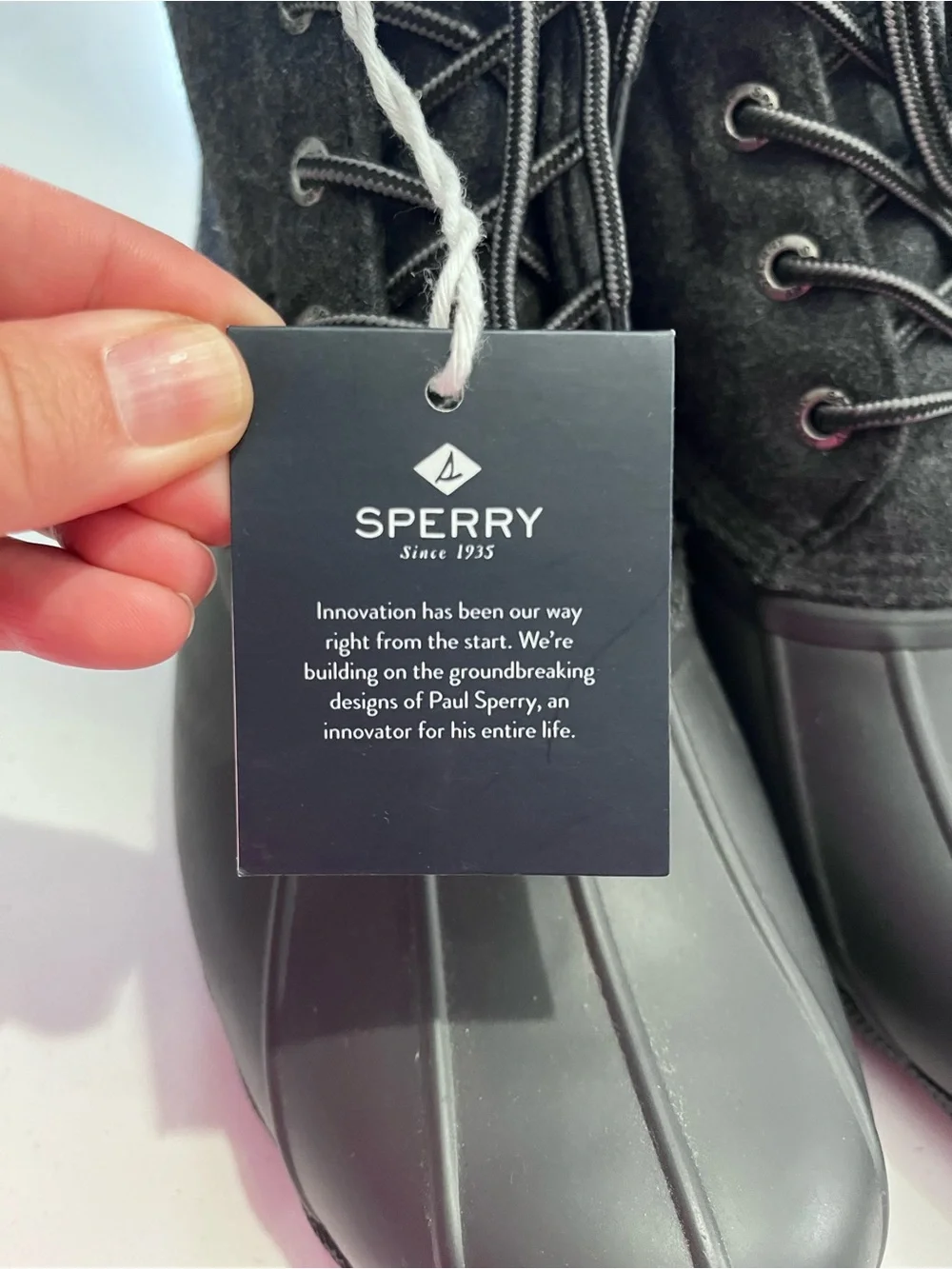Sperry Men’s dark grey wool & black rubber Saltwater duck boots, size 11